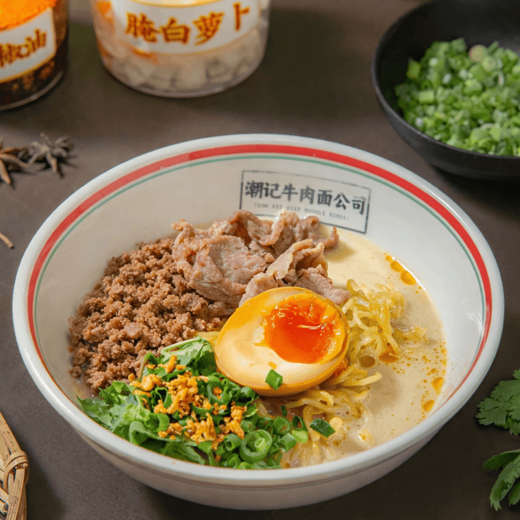 Three-topping classic beef noodle bowl